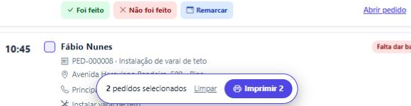 Barra de impressão com 2 pedidos selecionados