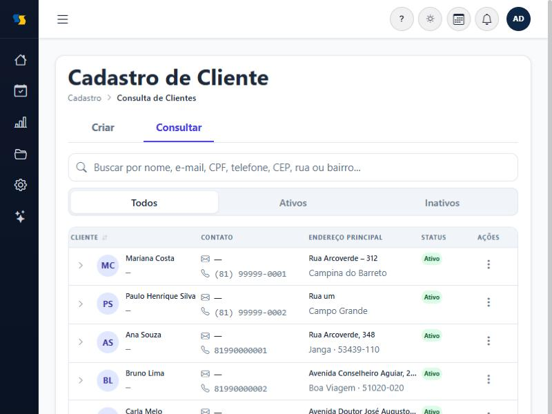 Lista de clientes na aba Consultar
