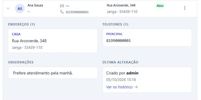 Detalhes de um cliente aberto na lista