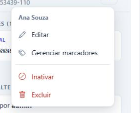 Menu de ações de um cliente