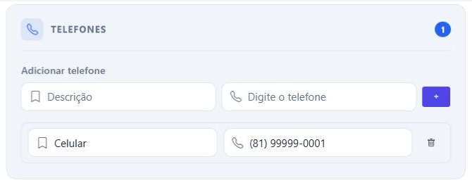 Bloco Telefones com um número adicionado