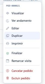 Menu de ações do pedido