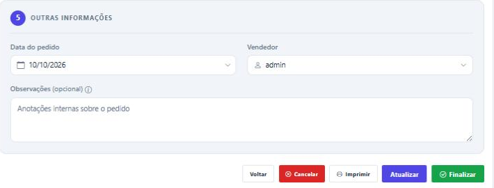 Outras informações e botões do pedido